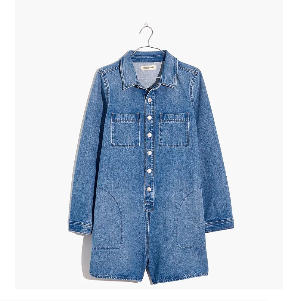 2020 Madewell Romper Japanese Denim Long Sleeve Stretch Burnham Wash Sz Medium